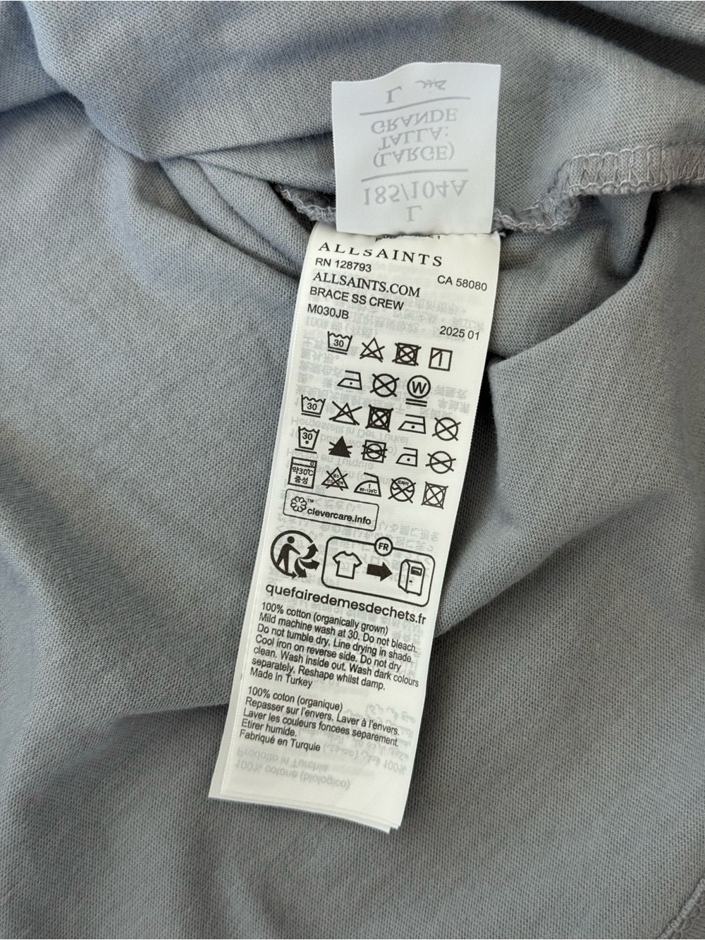 AllSaints Light Blue/Grey Crew Neck Tee in 100% Organic Cotton - Size L - Picture 5 of 7